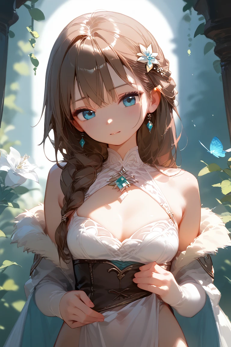 (masterpiece), best quality, very aesthetic, newest, absurdres, detailed, high quality
BREAK
highest quality, top quality, details, highres, ultra fine painting, digital art, official art, cinematic, 4k, 8k resolution, 8K CG wallpaper, CG, original artwork, detailed background, colorful background, blue atmosphere, High Dynamic Range, blurry background, blue hour, Starburst effects, crepuscular rays, good ISO, high resolution, wide shot, from far away, RAW photo, POV, sharp focus, light reflection, reflections, intricate details, soft light, particle noise, professional photography, bokeh, depth of field, natural lighting, vibrant colors, looking away, detailed lights and shadows, stylish, ultra-detailed, top rated on Pixiv, trending on Artstation, niji style, modern-days, master crafted, pose
BREAK
solo, (close up), 1girl, pale skin, correct fingers, detailed hand, (big breasts:1.2), big thighs, small torso, short body, flushtered, blush, anxious expression, embarassed, embarassed act, casual, slim, ((cute, childlike face):1.3), nice body, nice hips, brown hair, (very long flowing hair), (big 2 buns hairstyle)), long bangs, long hair, middle hair bangs, brown eyes
BREAK
(white frilly loose-fitting crop shirt, long sleeve, (panties), cleavage, choker, casualwear style, detailed tummy, belly button, modern fashion)
BREAK
tranquil park scene, the park features lush, green grass, a variety of trees in different shapes and sizes, Include a vibrant flower garden with a mix of colorful blooms.