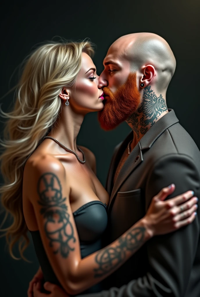Blonde woman giving oral sex to redheaded man.