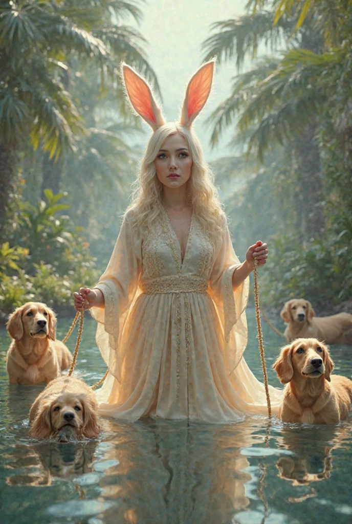 A woman with rabbit ears in angel clothes、Dachshunds have ropes - SeaArt AI