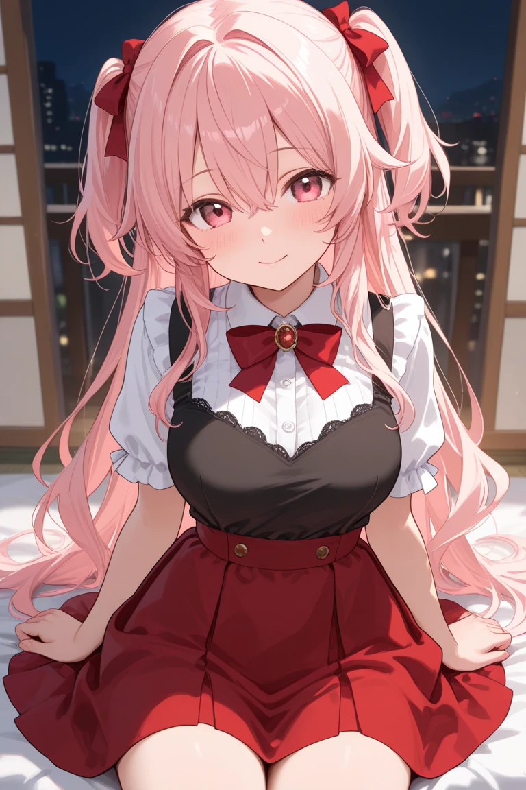 The image is of a beautiful woman wearing a tight fitting black button-up shirt with a short pleated black and white skirt. The school outfit is black with white accents. The woman has long flowing pink hair with strands of braided hair tied with red ribbon throughout. She has gorgeous green eyes that shine like emeralds. Her face is youthful and gorgeous. Her breasts are ample and seem too large for her tight fitting black uniform top. She is short in height but well developed -a short stack. She blushes as you look at her. She's standing in your bedroom and is excited to be with you. The image is ultra detailed with gorgeous colors, perfect line work, and detailed shading. Nipple indentations,