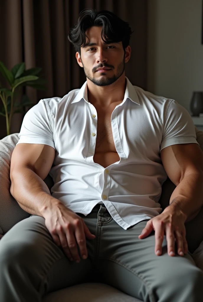 Latino beared muscle hunk, with big muscled chest, arms, triceps, biceps, wrist, in white formal shirt, grey formal pant, brown formal shoes, white formal shoes, sexy hairstyle, handsome face, sitting on sofa in office, full body, top to bottom, dimple in his face, full body view, see with attitude, open shirt showing chest, spreding legs and arms on sofa