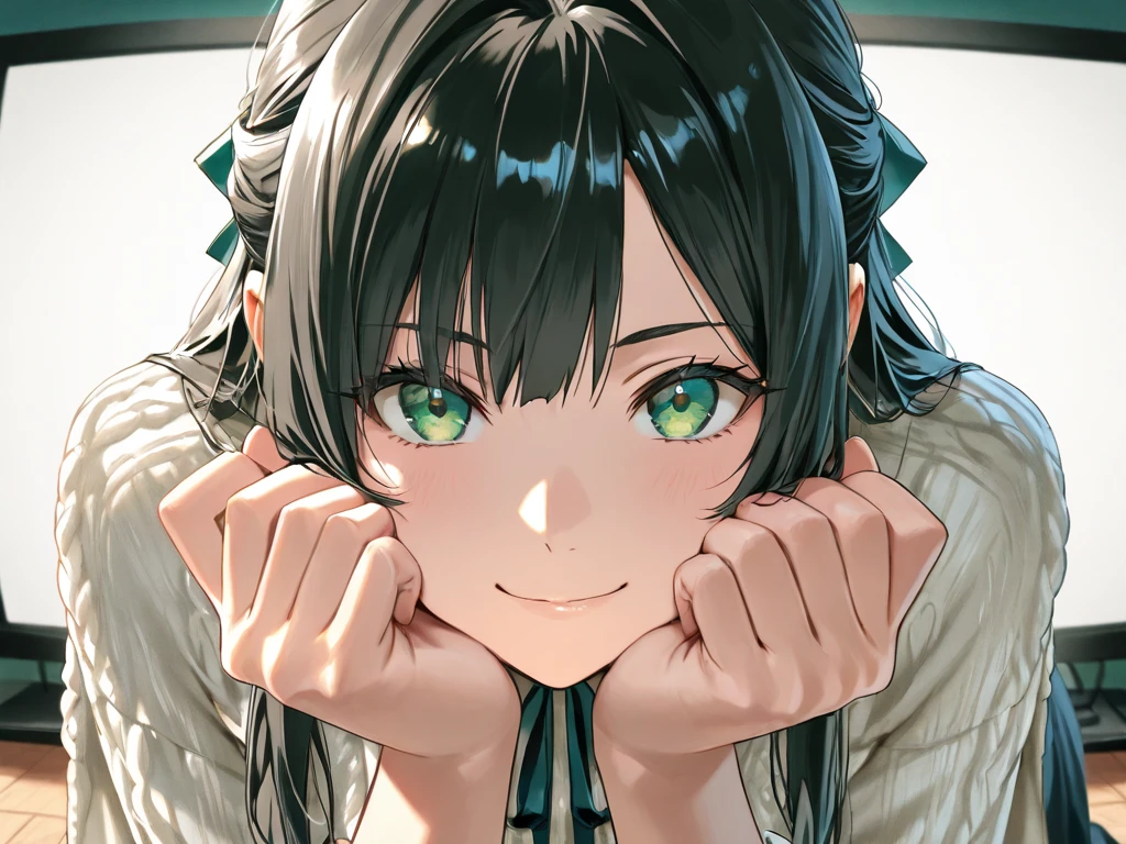 Best Quality perfect anatomy, ((perfect hands)), (perfect fingers), ultra-definition depiction, girl, black Hair, half-updo, ribbon, beautiful, green Eyes, white knit, long skirt, showing TV to viewer, point the screen, wry smile, looking at viewer,