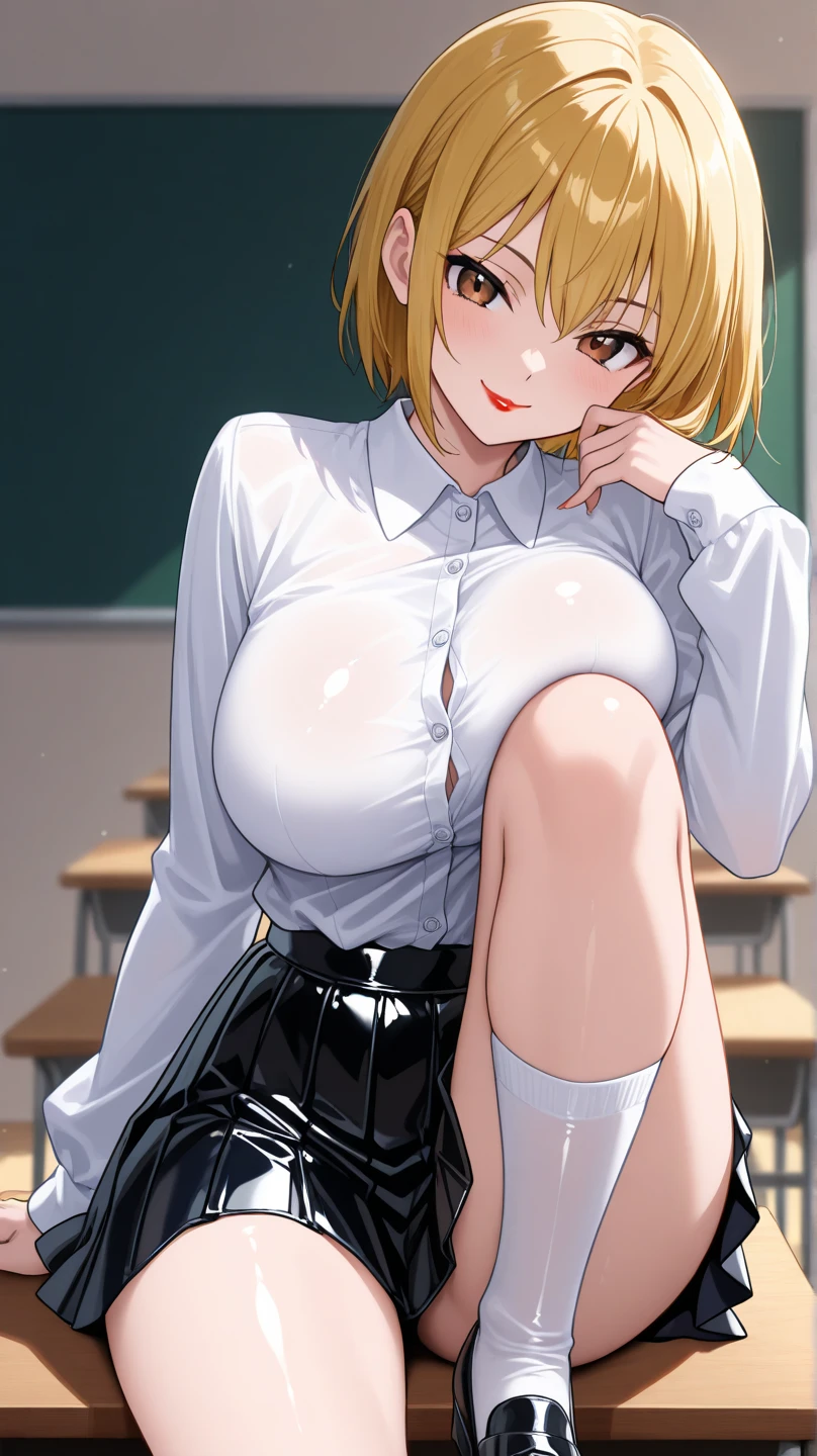 masterpiece, best quality, ultra high res, ultra-detailed, in front of a school, day, beautiful school complex landscape, sakura, orange hair, green eyes, solo (gigantic tits and giant cleavage: 1.4), hairy pubic hair, (school cardigan, pleated micro mini skirt, black tights, black high heels: 1.3), looking at the viewer with a seductive expression, pleasure face, erotic face, moaning, beautiful makeup with black eyeliner and red lipstick, shiny skin, (sakura is squatting with her legs spread wide and her hands behind her head in front of a school while squirting vaginal juice and erotically moaning with open mouth and tongue out from orgasm and horny erotic face: 1.6), (bottom close pussy photo: 1.5)