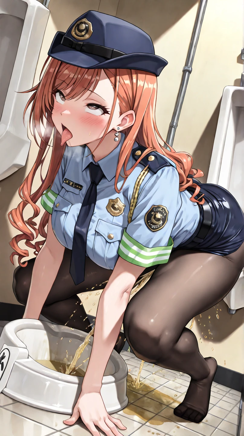 nsfw, (masterpiece, top quality, best quality, highly detailed:1.6), extremely detailed CG unity 8k wallpaper, strong facial expression, (sharp eye:1.2), (scowl:1.1), (embarrassed,blush:1.3), (steam:1.8), (wet:1.2), (sweat:1.1), (trembling:1.3), (open mouth, wavy mouth:1.4), (harf open eyes:1.5), (feeling weak:1.5), (shoot from front, looking at viewer:1.2), (squatting, skirt lift, clutching skirt:1.6), (Japanese police car behind), (downtown street, outside police car, next to the police car), (1 woman, outdoor, police uniform:1.4), ((Blue Shirt, Pencil Skirt)), Police hat ,The background is a street corner, shoes, (long hair, brown hair, pubic hair, Brown:1.5), (woman trembling with sexual climax:1.5), (at midnight), night, at dawn, colorful, full body, wide shot, perfect composition, (chrotch, pussy, urethra, panty, panties), urination, incontinence, piss, peeing self, A lot of pee, having an accident, pee running down legs, panties around one leg, (((pee stream))), (pee puddle), wetting herself, pee stain, peeing, blush, trembling, embarrassed, large breasts, Yellow pee, ((leaking pee)), Shaking one's shoulders, Breaking a sweat on forehead, puddle of pee, Pee at your feet, Pee spread on the floor, Pee stains, Dripping pee between my legs, Feet wet from pee, Pee-covered feet, Pee at your feet, want to pee, about to pee, Full bladder, Pee-soaked skirt, Pee-soaked shoes, natural makeup, A pair of partially removed panties is hanging around one of her ankles,