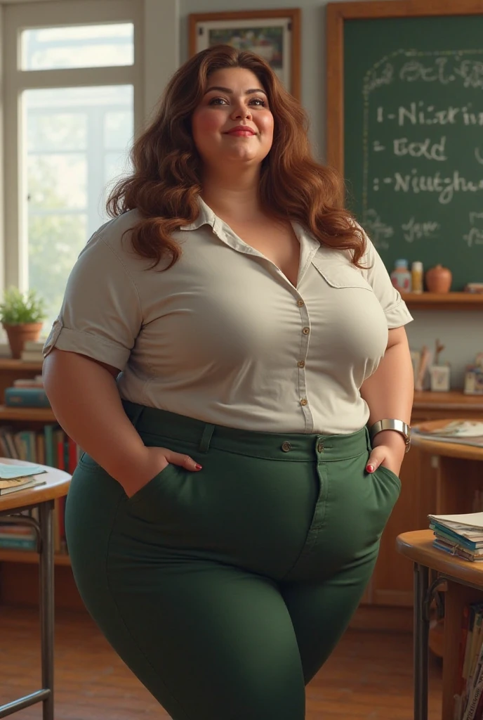 A peaceful photo of a young cute nerdy redhead bbw student with glasses with long wavy ginger hair soft fat belly, wide fat obese hips, thick fat legs and fat arms, cute pretty face, small breasts, blue eyes, freckles, in long shirt tucked in her simple trousers, and trousers, wearing a backpack in a school hall