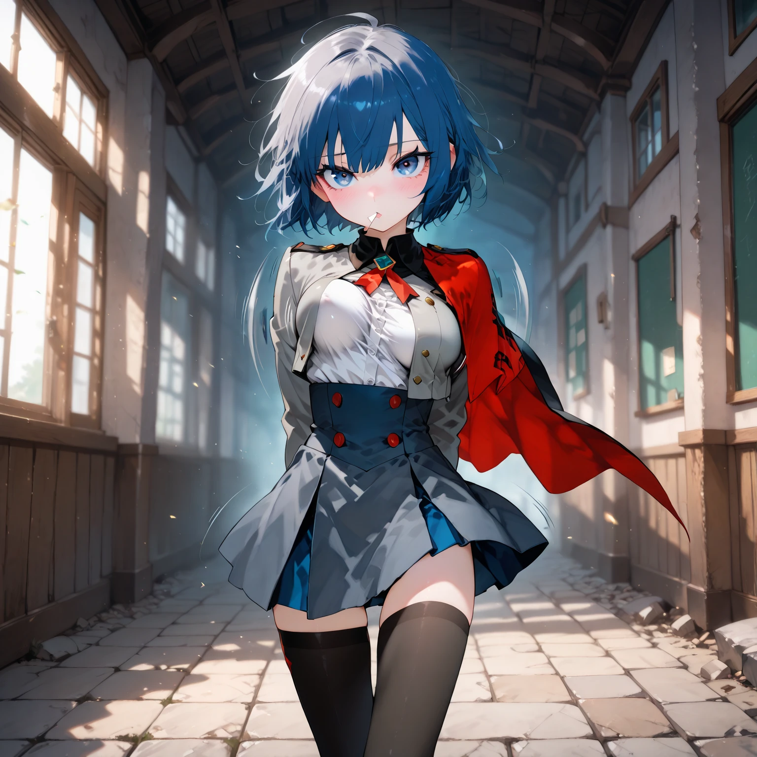 A highly detailed illustration of Sayaka Miki from "Puella Magi Madoka Magica" in the midst of a battle, performing the "Hekireki Issen" technique from "Demon Slayer: Kimetsu no Yaiba." She is in her magical girl form, wearing her blue and white outfit with a flowing cape. Her short blue hair is tousled, and her expression is intense with determination. She holds her sword in a ready stance, and in an instant, she charges forward with lightning speed, unleashing the Hekireki Issen. The scene captures the electric energy coursing around her blade and body as she moves with blinding speed, creating a striking contrast against the dark, chaotic background. The perspective is from a third-person viewpoint, as if someone is witnessing the sheer power and speed of her attack, with the environment around her blurring due to her rapid movement. The art style should be anime-like, emphasizing the intensity, speed, and dramatic impact of the moment