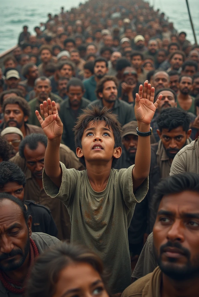 "Capture a powerful scene where the resilient children of Palestine, surrounded by the rubble of their destroyed homes, stand united in prayer to Allah. Despite the devastation, the purity of their faith and the beauty of their spirits shine through, creating a striking contrast between the harshness of their surroundings and the hope in their hearts. This image should convey both the strength and innocence of these young souls as they seek solace in their prayers, with a soft, ethereal light illuminating their faces against the backdrop of destruction."