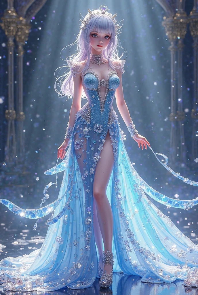 cyberpunk style, Cinderella at the royal ball, futuristic furniture, ball gown that made from (holographic fabric), translucent, crystal slippers, dancing, ultrarealistic, best quality, extremely detailed
