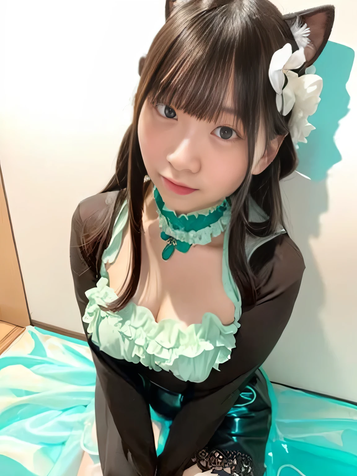 (((best image quality、highest resolution、greatest masterpiece、8k)))、(((Detailed Faces)))(((cute face)))(((Baby Face)))(((Young contour)))((( Lovely facial features)))、((( Blizzard 10 )))(((model body type)))((( Perfect pose line)))、(((Big Breasts 1.0)))((( Detailed Body .5)))、(((long straight hair)))(((赤and黒のカラフルブラウス)))and(((赤and黒の frillミニスカートを着た)))女性が写真にポーズをandっている, Lancelucent body, wearing translucent sheet, frill, shikamimi, multi-layered outfits , ( finished product ), Sheer, Taupe, Irregular, can be seen through, Silk clothing, Cropped Wide Sleeves , , Transparent cloth, caramel, ( ivory black ), translucent