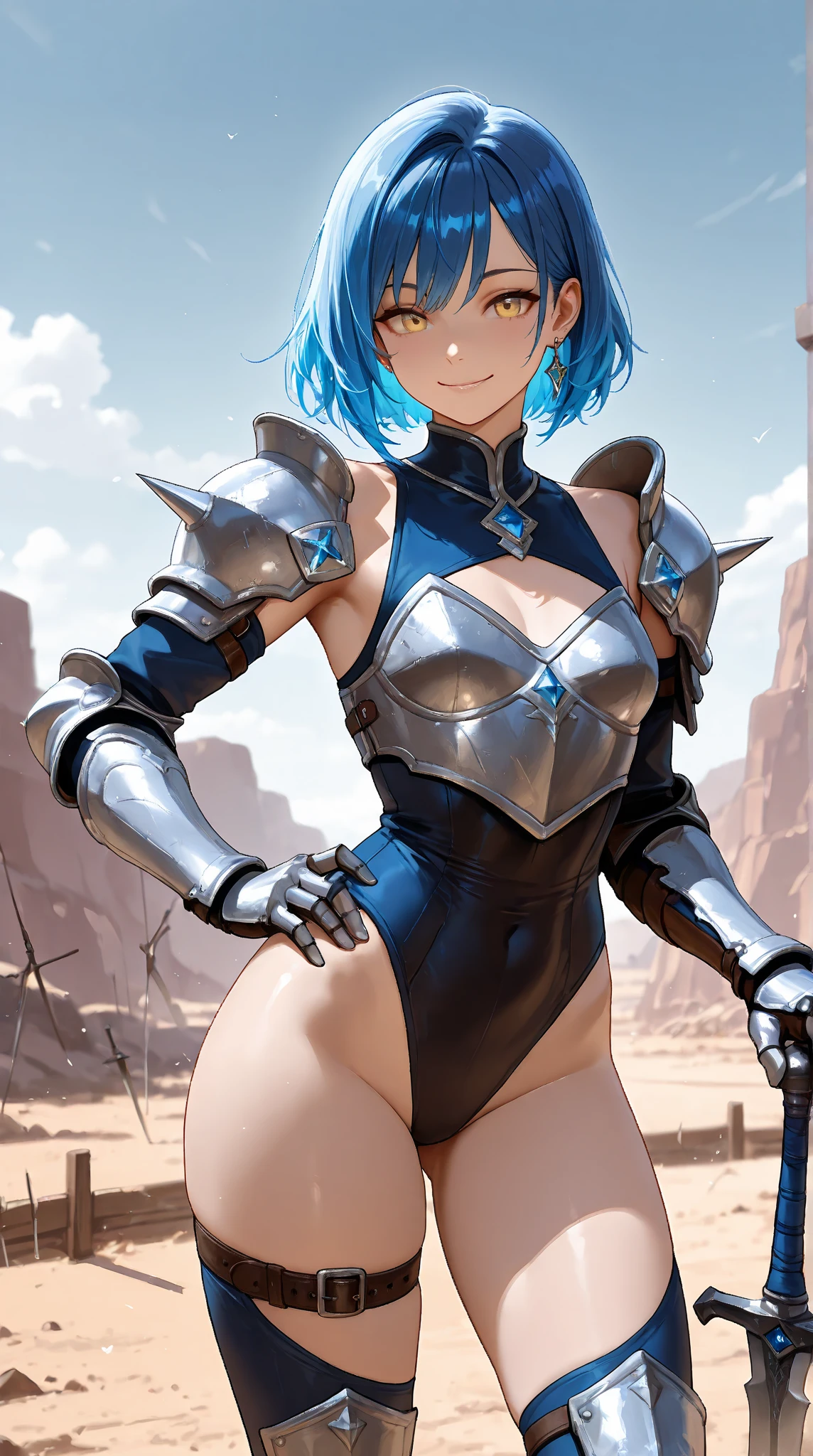 "(masterpiece:1.1), best quality,
1girl, (80s anime style:1.3), (eyelashes:1.5), (:1.2),
(intricate high detailed body:1.2),
silver hair,
(hair slicked back:1.2), (very short hair, pixie cut:1.1), (hair ribbon:1.2),
brown eyes, (detailed pupils:1.1),
(curvy body:1.1), (huge breasts:1.1),
(fine, smile, open mouth:1.3),
(see-through cloth leotard armor, underboob cutout:1.2), (garter belt:1.1),
(knight armor, armored boots:1.2), (ribbon:1.1), (hoop earrings:1.1), hand cuffs,
standing, hand on hip,
(upper body, cowboy shot, looking at viewer, from front:1.1),
(daytime, grassland, outdoors:1.1)"