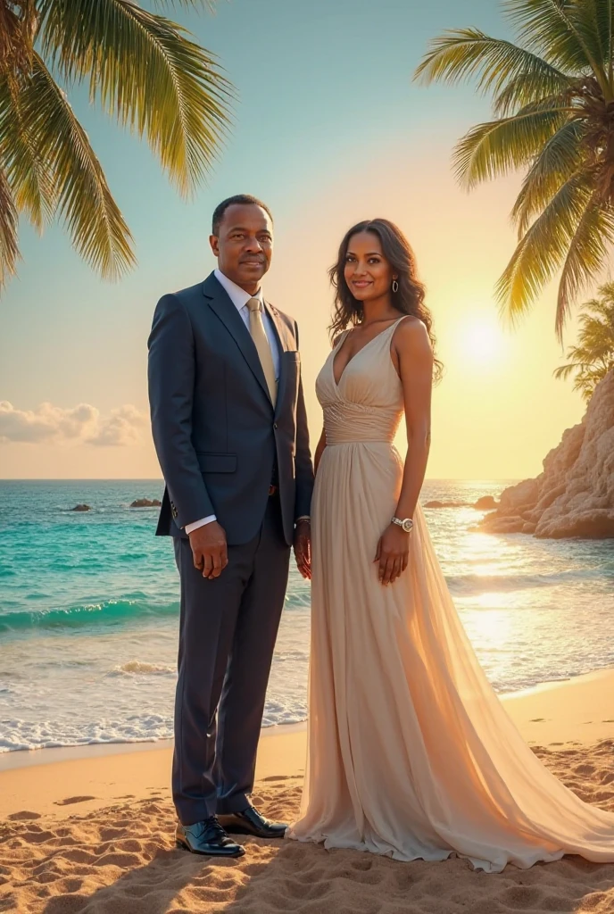 RAW photo, a portrait photo of 40 y.o billionaire white man and gorgeous wife together celebrating life, formal clothes, standing in a suit at his beach front ultra luxury modern style villa wondering about life, natural skin, 8k uhd, high quality, film grain, Fujifilm XT3, full body and head straight in the photo, facing the viewer of the photo, eyes fixed to the lens, appears shoulders and head in the photo, man and woman centered in the photo, 8k, best quality, masterpiece, realistic, realistic photo, movie photo, ultra realistic, 2 person, detailed, perfect lighting, DSRL, professional photo, 4k, background full view of the ultra-luxury beach front Caribbean villa with inanity pool in the summer with his attractive wife in the poll relaxing with a cocktail, 16:9 aspect ratio