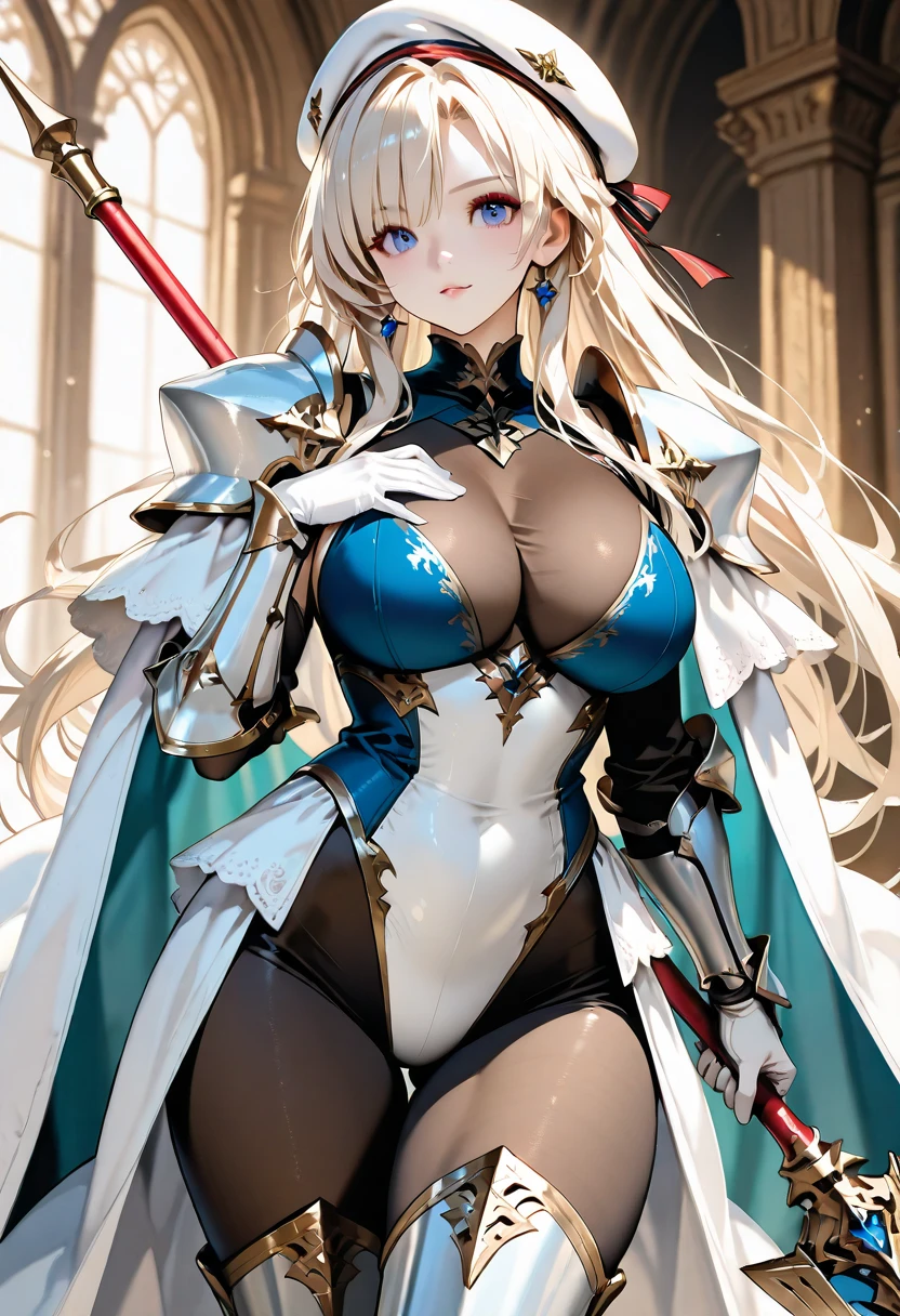 masterpiece, best quality, 1girl, breasts, solo, blonde-hair, blue-eyes, pelvic-curtain, navel, armor, large-breasts, ponytail, cape, cleavage, gloves, weapon, looking-at-viewer, smile, boots, fingerless-gloves, full-body, very-long-hair, standing, revealing-clothes, bikini-armor, black-gloves, fur-trim, simple-background, thighhighs, stomach, hand-on-hip, gauntlets, shoulder-armor, hair-bow, closed-mouth, bow, high-heels, midriff, armored-boots, hand-up, thigh-boots, thighs, ribbon, hair-between-eyes, v-shaped-eyebrows, blush, hair-ribbon, sheath