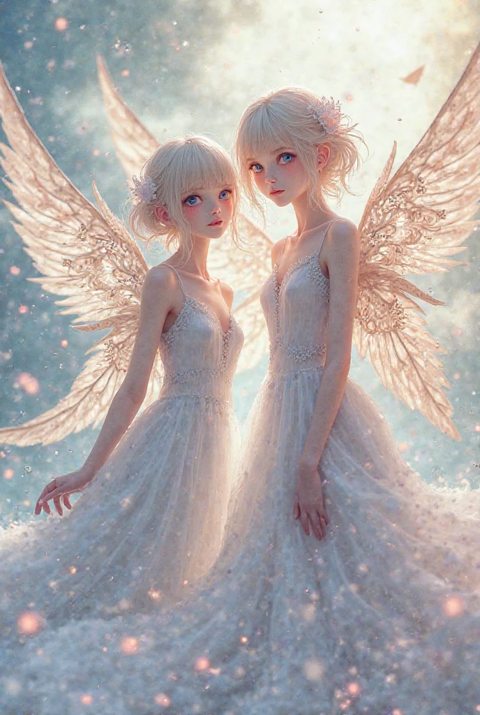 A extra wide angle=21:9, (Focus on full body shot),(sharp focus),(masterpiece,Distinguished Quality,Mirror-like,Cinematic Experience,insanely detailed,absurdres),(3 systers,together),(floating in the air),Beautiful realistic angelic, (human-like beings age 16-18, all-white :4.0),(perfect long legs),(perfect feet, toes),(random poses,abundance of ideas:3.0),"(unreal,glass,transparent, seethrough, another dimention),(ethereal ice-white transparent skin:2.0),(a glimbse of vague-opaque vision simple orans)(rosy cheeks),((micro-diamond cut-textured skin on body,micro-diamond, becomes a size like a grain of sand on collarbones,gradually spreads out, (then smallest diamonds become fewer as it reaches the face-up the hairline up jawline to cheeks:4.0))",(Detaled fingers, 5 on each hand),(fine detailed frosty-white, ligh tpink,light tile and lightblue Pixie-magic glitters like light particles in Hair:3.0),(long,frosty-white,shiny,fine hair flowing in a breeze),goddesses of the moon, Big wings,(monocrome particles surrounds them:2.0)Diffuse reflection of light:2.0),BREAK(The background, misty galaxy, beautiful Aurora,glitter particles:2.0),(they will radiate an unreal glow, sensual curves on body will become almost 'transparent and glowing, 16k,wallpaper aurora, space,(Ray Tracing),(a loving expression, direct gaze at the camera:0.9)