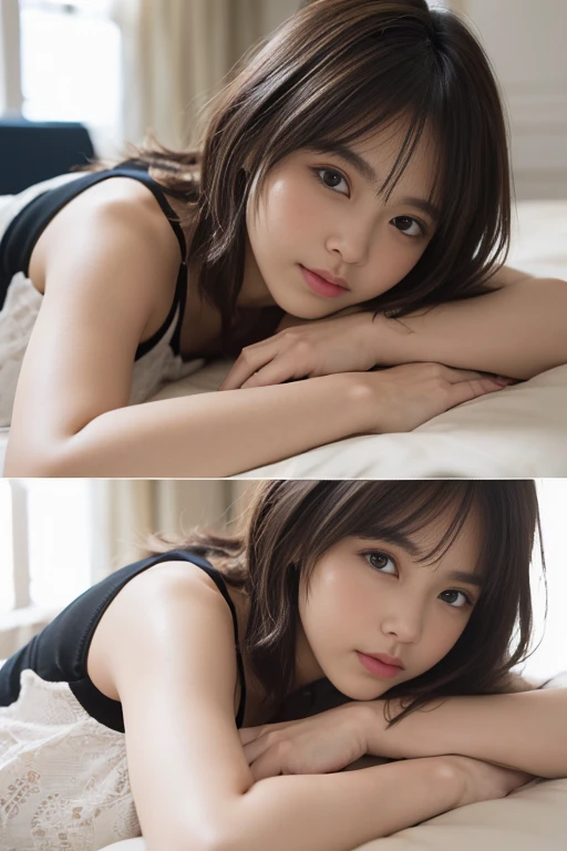 Super detailed, High resolution, Realistic, RAW Photos, ((Real person)), Detailed skin, (Delicate black eyes ), Soothing woman with droopy eyes, calm and calm, Mid-length hair, skinny, clothing, The wind is blowing, puppet、Drooping eye corners、Kind Face、23age, 、Long eyelashes, Portrait photography, photoRealistic, First Person View, masterpiece, Highest quality, High resolution, 4K、Solitary confinement、Fluorescent light、Cot、Sitting on the bed、Prostitute、Beautiful woman、camisole、Cleavage、barefoot、View the photographer、Glowing Skin、Bath towels piled up、Anatomically correct