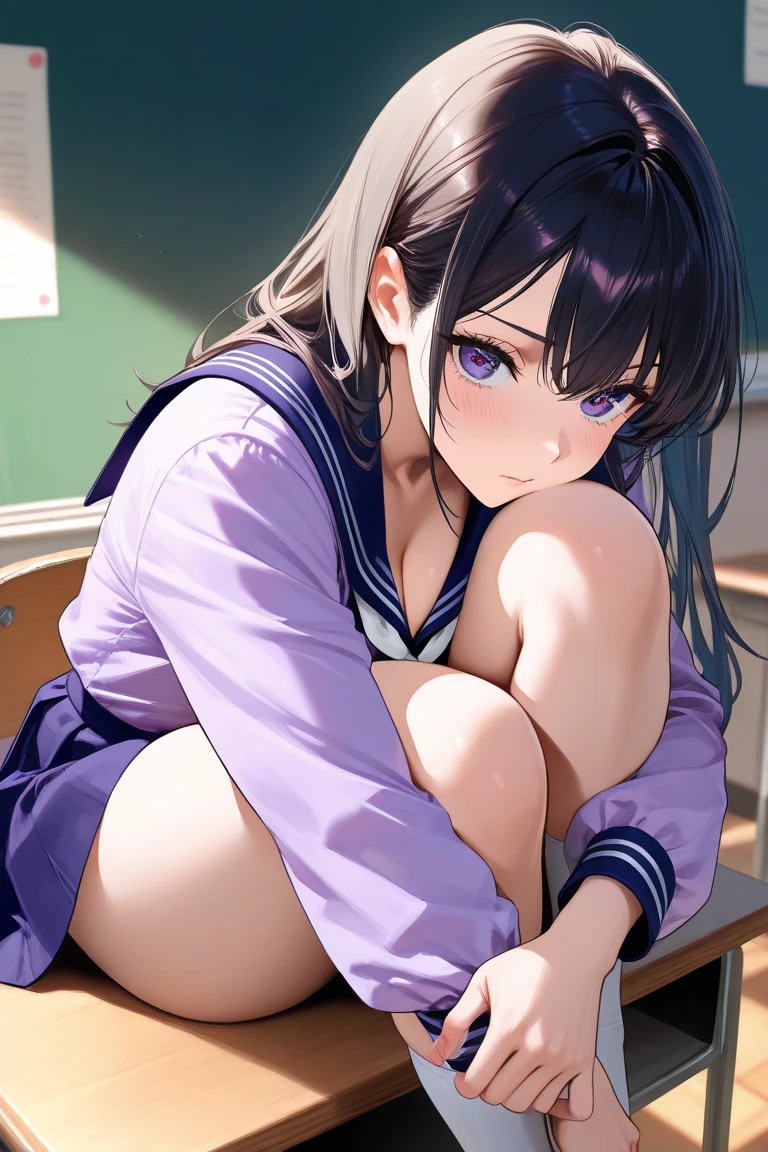 Elementary school girl, , flat chest, black hair, long hair, purple eyes, embarrassed expression(One person) White sailor suit on the upper half, navy blue miniskirt on the lower half White panties((I can see her panties))White socks Sitting on the bed Dynamic Angle Low - Angle