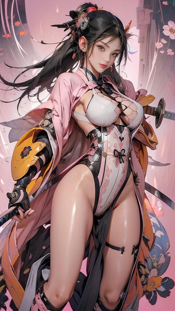 The most beautiful and sexy ninja warrior princess, brown hair, pink eyes, wearing highly detailed white battle armor, huge gigantic tits, cleavage showing, tons of tattoos and piercings, blood splattered, cherry blossoms blowing in the wind, highly detailed background, perfect masterpiece, high quality, high resolution