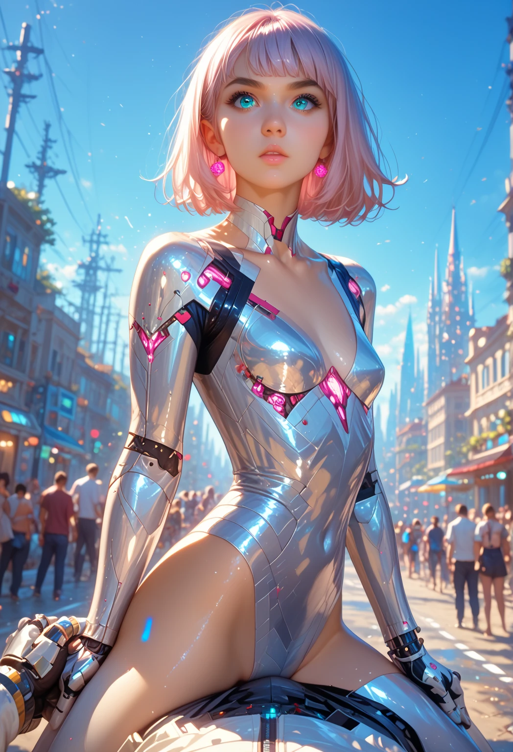 arte oficial, fondo de pantalla de unidad 8k, ultra detallado, Hermoso and aesthetic, Hermoso, obra maestra, mejor calidad, (zenEnredo, mandala, Enredo, enEnredo), chica,Traje blanco ajustado a la piel,cabello corto,Chrome robotic parts, ciberpunk lujoso, robot, Naves espaciales de lujo limpias, Science fiction