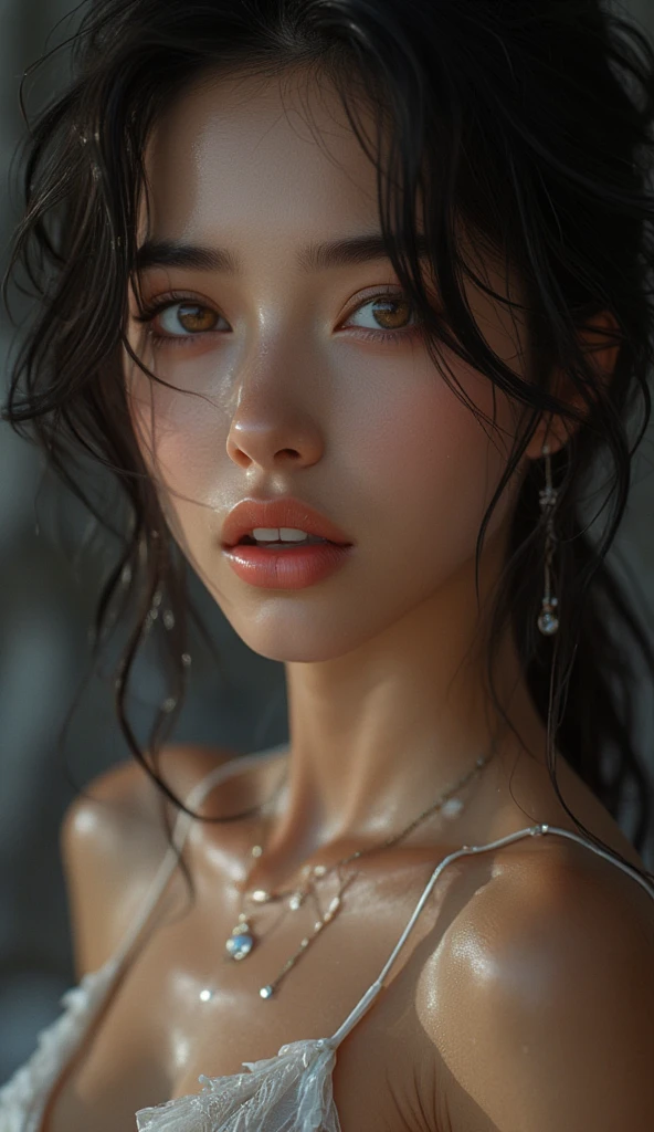 1womanl、(Super beautiful)、(beauitful face:1.5)、(Moaning at climax:1.4)、(a wet body:1.3)、japanes、25-year-old model、(sleeveless clothes)、makeup、lip stick、eye line、mascara、eyeshadows、Brown hair、(studio shoot:1.1)