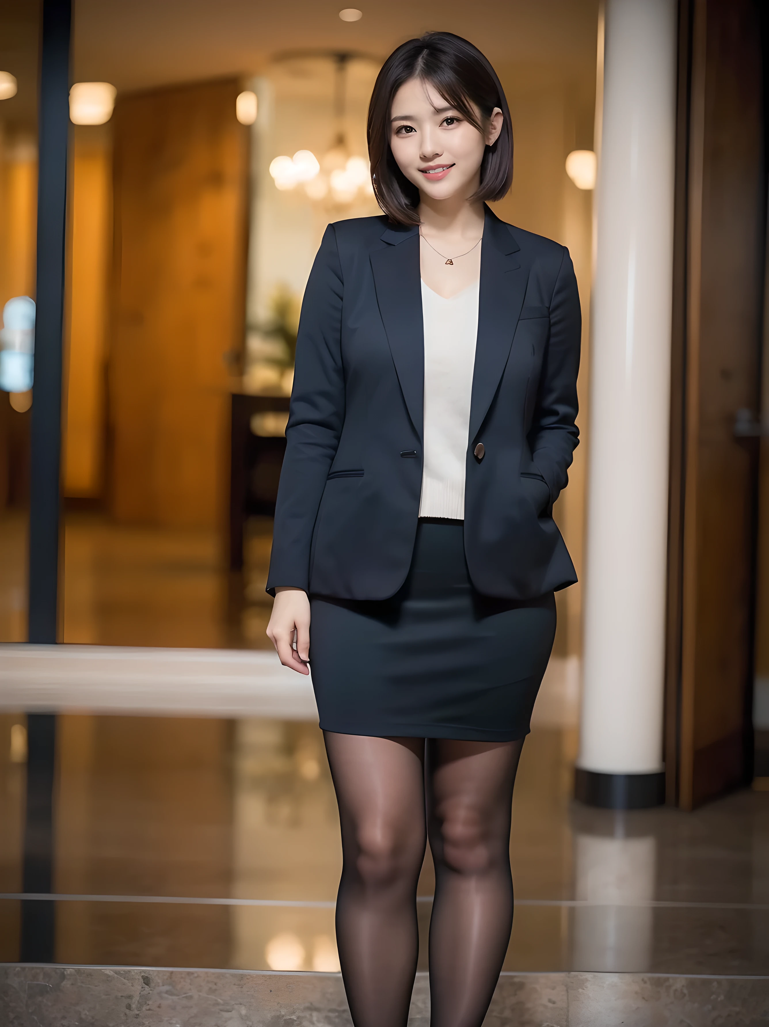 girl waiting in front of a hotel, (surreal,high resolution, very well detailed:1.2), (8k), (beautiful eyes, Detailed Faces:1.2), (Best Quality), (very well detailed), (( masterpiece)),Best Quality,very well detailed, beautiful woman in a business suit , light gray jacket, mini pencil skirt、(super realistic pantyhose), full body shot 、 black medium bob, beautiful eyes, cute face,  Bust, Big Boss, ELEGANT AND BEAUTIFUL FEATURES , charming smile , age 25, mature, Realistic Painting Art ,  female 1 person, full body image, (From head to toe:1.5）, (full body:1.8),(頭から Bustへの画像スコープ),