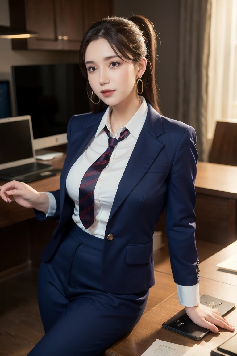 (1 female), beautiful, wonderful face and eyes, compensate, (very detailedbeautiful顔), enchanting smile, (highest quality:1.4), (super detailed), (very detailed CG 統合 8k 壁紙), very detailed, RAW photo, professional photography, (suit, mini skirt:1.2), (Business shirt with wide open chest), (spread your legs), (view from below:1.2)