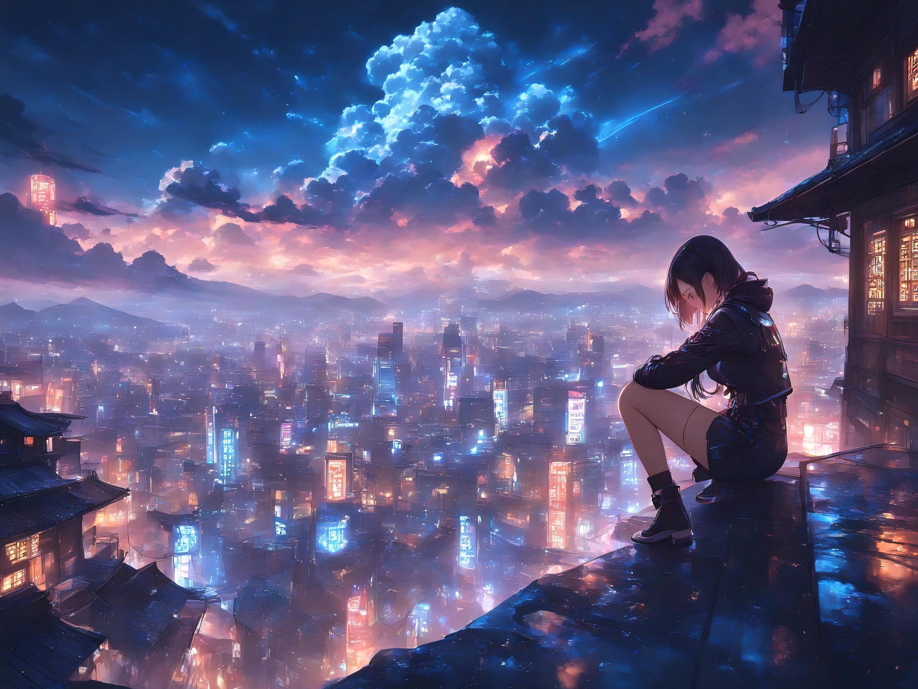 masterpiece, best quality, (looking down from the hill , looking down the city), (1 girl in front), rainy, spectacular clouds