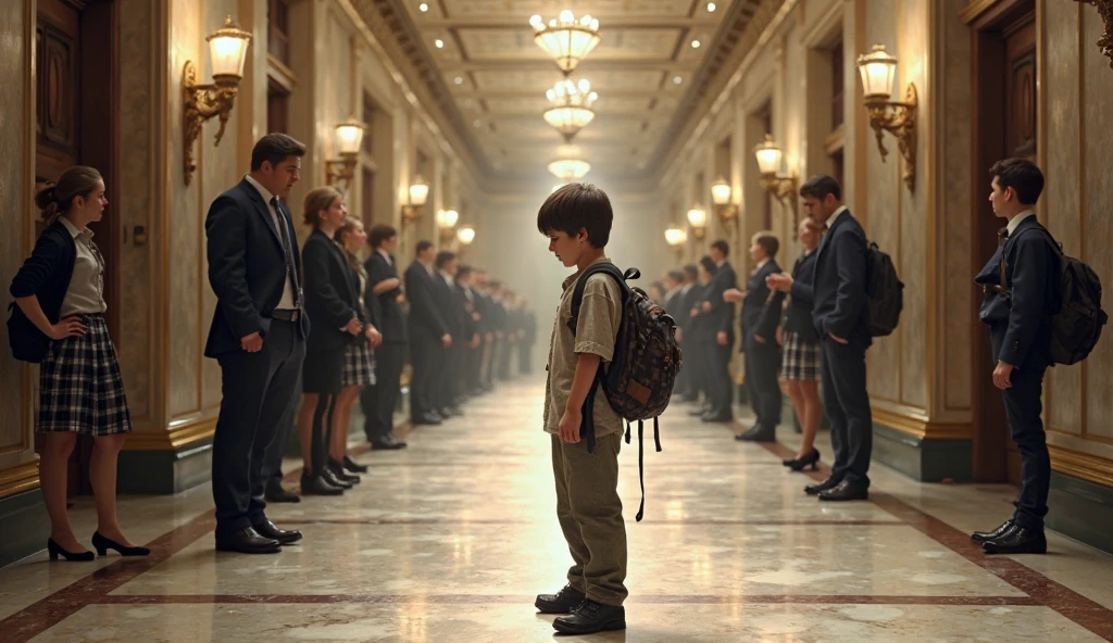 "A realistic scene of a private elite school hallway with marble floors and grand pillars. A young boy, wearing old, slightly worn-out clothes and carrying a faded backpack, stands in the middle of the hallway while wealthy, well-dressed students in expensive uniforms laugh and whisper behind his back. The atmosphere is cold and unwelcoming, with the boy looking down, feeling humiliated. Bright lighting emphasizes the luxurious setting, while the boy appears isolated in contrast to the rich students around him."