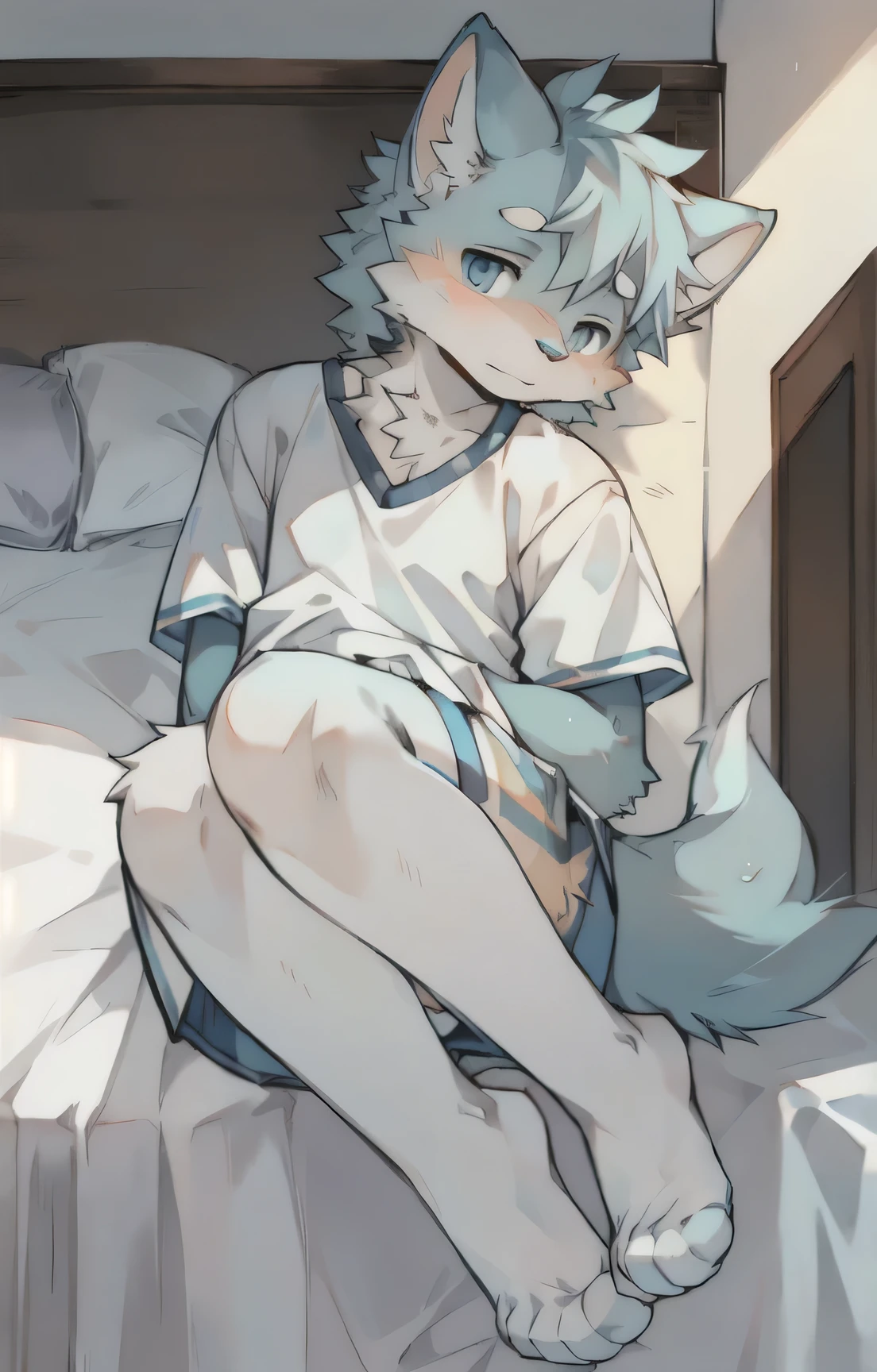 male, arctic wolf, detailed yellow eyes, diaper with 4 tapes, holding plushie, happy, blushing, standing at foot of bed, slim, sly, long tail