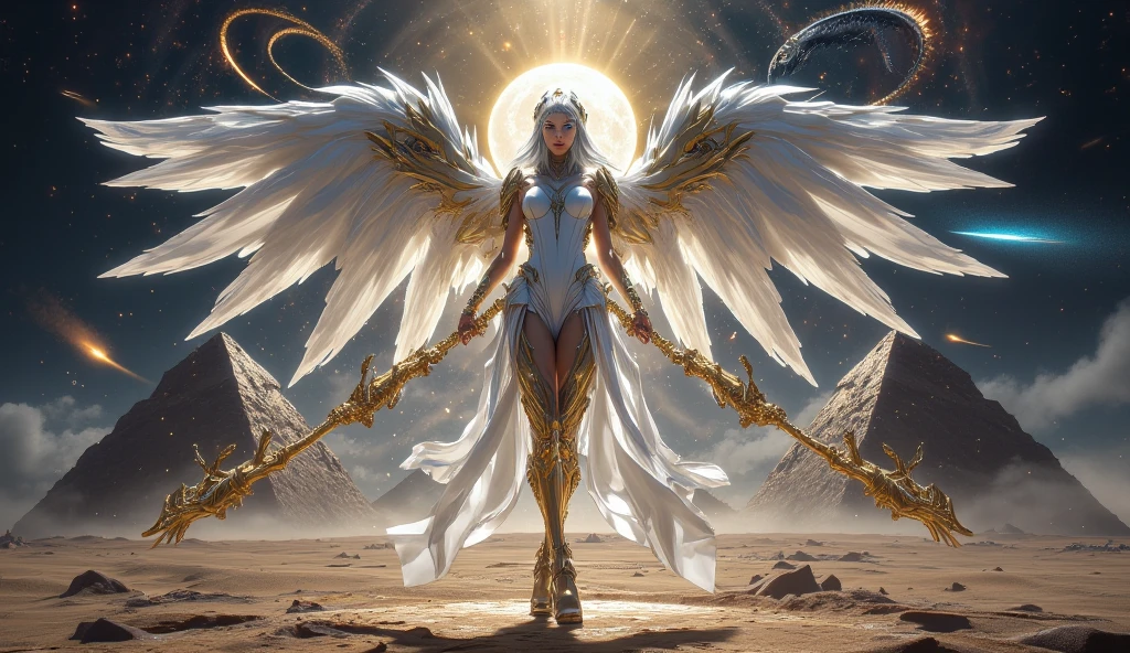 a model shot (taken from the back: 1.5), aasimar, female, paladin, holy warrior, spread large feathered wings, (wings sprouting from the back: 1.3), majestic wings, white angelic wings spread (Masterpiece, intense details: 1.5), moon light, moon, stars, clouds, holy symbol, armed with sword, short blond hair, dark fantasy cemetery background, anatomically correct (Masterpiece 1.3, intense details), angel_wings, determined face, god rays, cinematic lighting, glowing light, silhouette, from outside, photorealism, panoramic view (Masterpiece 1.3, intense details) , Wide-Angle, Ultra-Wide Angle, 16k, highres, best quality, high details, 16K, ultra detailed, masterpiece, best quality, (extremely detailed), arafed, dnd art, portrait, full body,