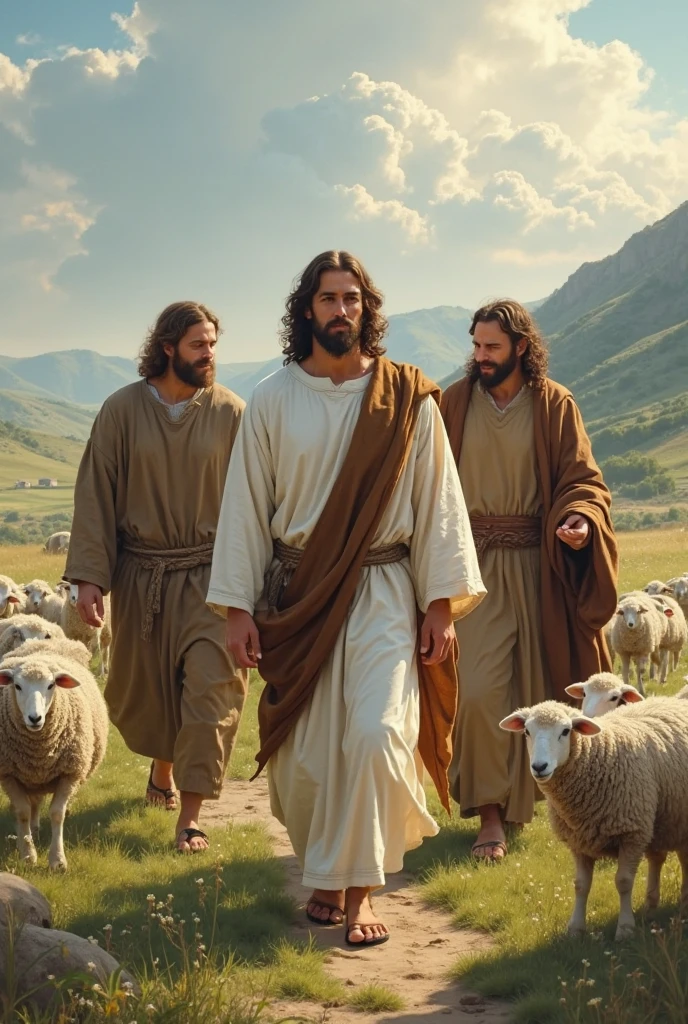 imagem arafed de um homem com uma ovelha e um pastor, Jesus Cristo, jesus of nazareth, Christian art, Greg Olsen, O Senhor e Salvador, imagens religiosas, biblical painting, Pintura religiosa, Jesus segurando um gato bonito, Jesus, Directed by: Thomas Blackshear, beautiful image ever created, A cena mais bonita, catholic religious art, he is greeting you warmly, ovelha com maximo de qualidade e detalhes, The sheep are in the green pasture eating and being guarded by the shepherd of sheep who is Jesus Christ, Christian image, maximo de detalhe em seu rosto, ultra qualidade na imagem toda, maximo de detalhe em sua pele, pele perfeita, Jesus has his long, beautiful beard, the sheep have perfect fur, imagem maximo de detalhes ultra realismo