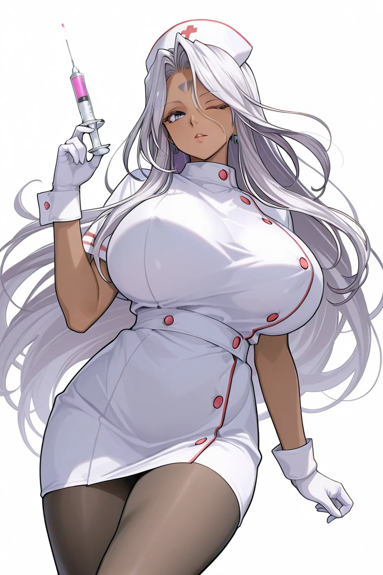 Nurse woman with dark skin,long white hair,Cat's ear,big breasts out
