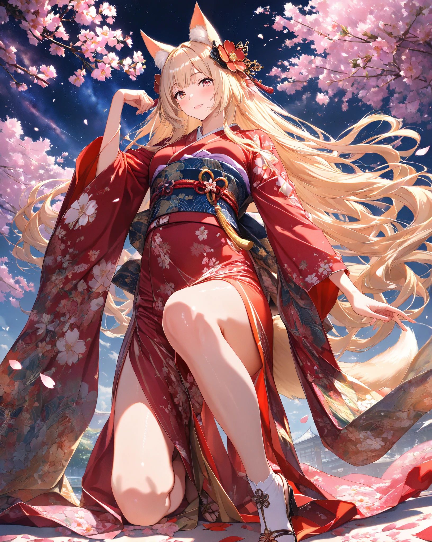 One blonde girl、red eyes、kimono、off shoulders
