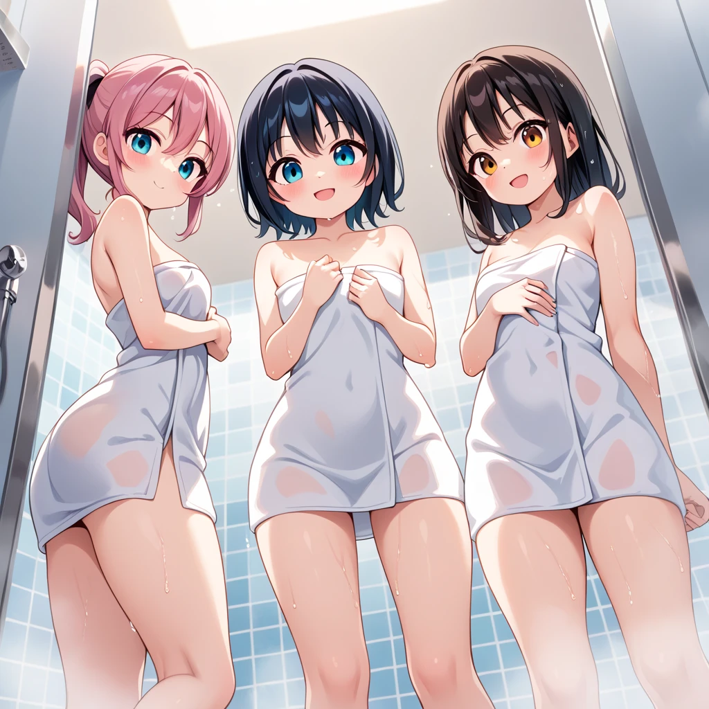 Primary school students、Pink Hair、Medium Bob、Green Eyes、Frameless Glasses、naked、bath、NSFW