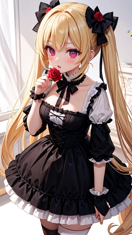 strawberry,Gothic Lolita,victorian era,Gothic ,one girl,Smile,GothicBackground,whole body,Red Rose