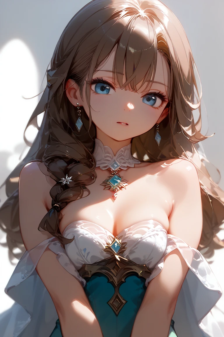 (Highest quality、8k、32K、masterpiece)、(Realistic)、(Photorealistic:1.2)、(High resolution)、Very detailed、Very beautiful face and eyes、1 person、Round and small face、Narrow waist、Delicate body、(Highest quality、Attention to detail、Rich skin detail)、(Highest quality、8k、Oil paints:1.2)、Very detailed、(Realistic、Realistic:1.37)、Bright colors、(((Curly Hair))), (((Long Hair))), ((Bust Shot))、((Flat Chest)))、(((Even bangs)))、(((Pure white wall background)))、(((Pure white wall background)))、(((She has a happy expression)))、(((Strapless blouse))), (((Look straight ahead)))、(((The skirt is short)))、