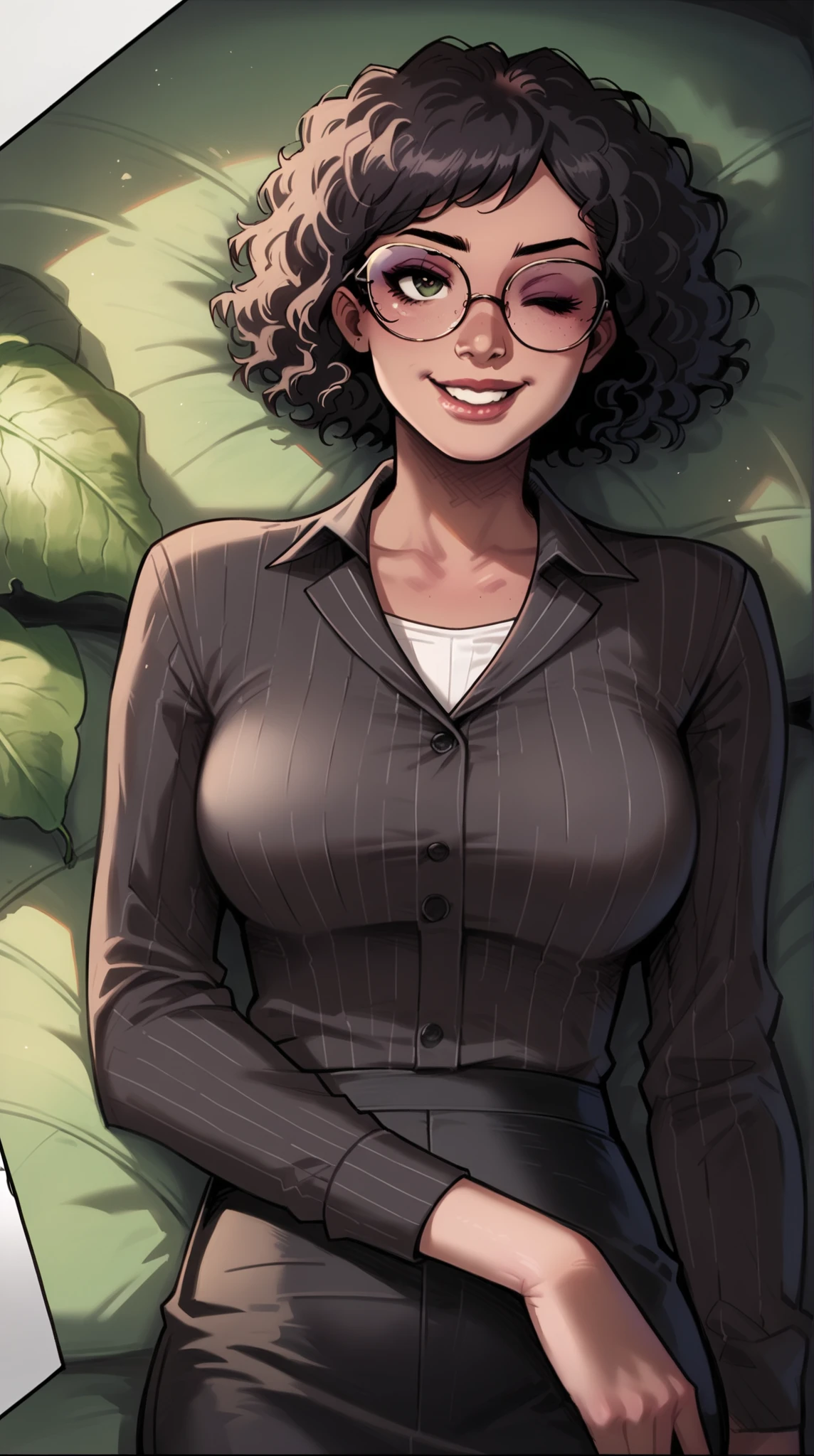 Hyper realistic image of Sexy Malay woman running at field, laughing, cocky smirk face, glasses, pixie hair cut, small breast, plump, fat tummy, wide waist, thick thighs, wearing sexy crotchless underwear.