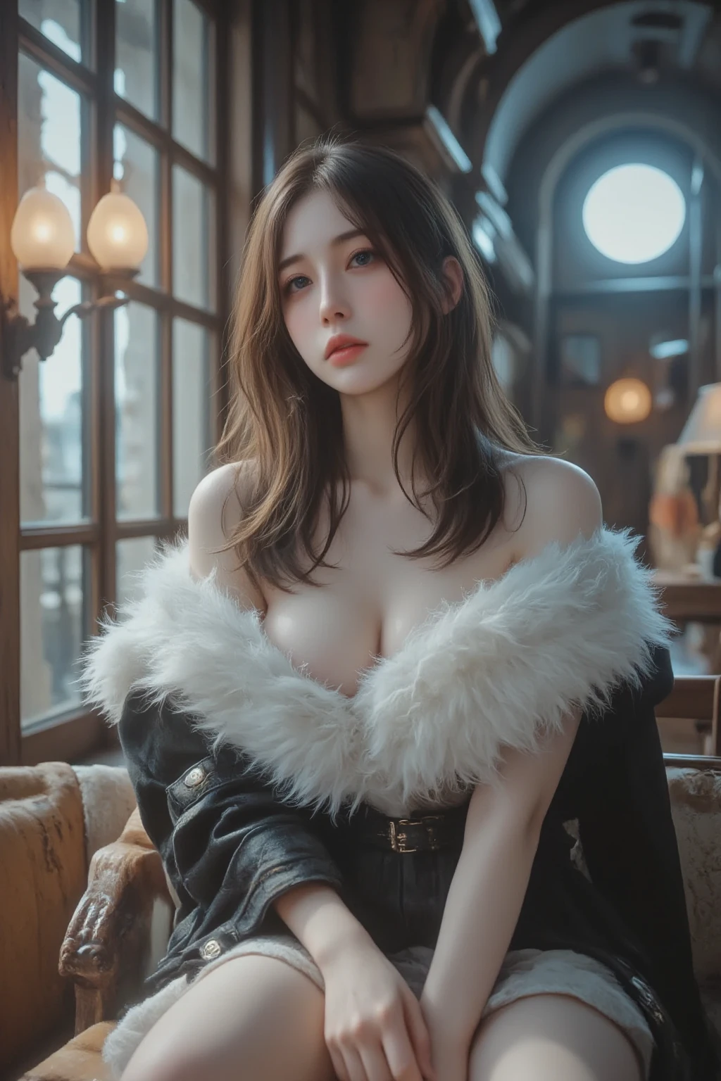 long, fluffy, And a fur coat, Full body portrait, detailed, Realistic, high quality, 8k, masterpiece, Complex details, beautiful, elegant, alone, Atmospheric lighting, cinematic, dramatic, Soft lighting, Warm colors, Calm tones, Gorgeous, High Fashion, editorial, studio, glamorous, beautiful eyes, detailed face, Delicate features, Calm expression, Thoughtful gaze, Graceful pose, Flowing Hair, Lush textures, stuffed toy, Enchanting, Breathtakingly beautiful, Exquisite
