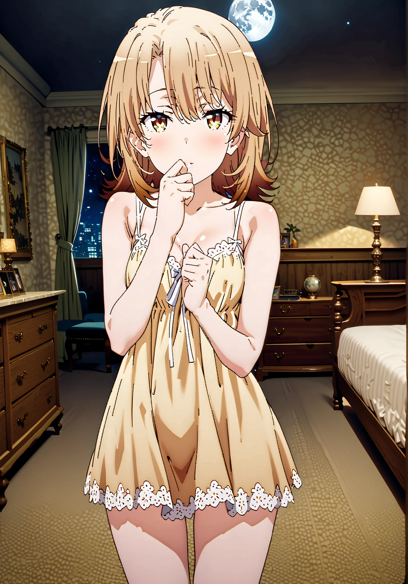 Irohaisshiki, Isshiki Iroha , short hair, BLACK ROCK , brown eyes,narrow your eyes,medium chest,seductive smile,cover,close your mouth,yellow sheer transparent nightgown, sleeveless,yellow string bun , Bare legs,bed,decor,moon, mystical , A beautiful night view with depth, Beautiful Streetscapes,full bodyがillustrationsに入るように,break indoors, bedroom,
break looking at viewer,full body,
break (masterpiece:1.2), Best Quality, high resolution, Unity 8K Wallpaper , (illustrations:0.8), (beautiful and detailed eyes:1.6), Highly detailed faces, perfect lighting, highly detailed CG, (perfect hand, Perfect Anatomy),