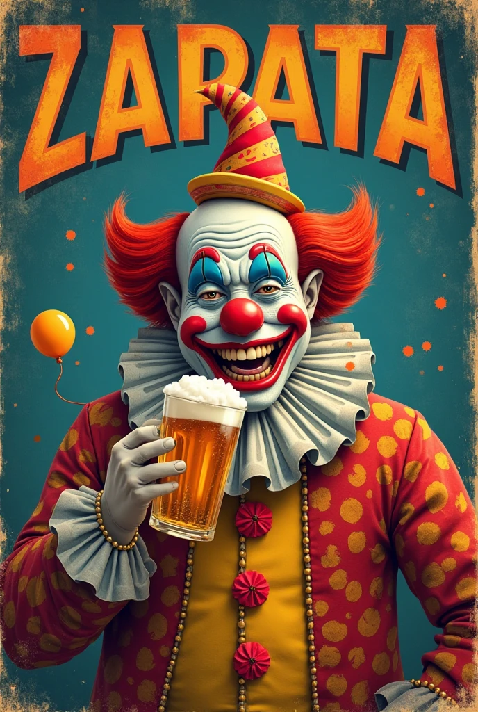 masterpiece, best quality, extremely detailed, hyperrealistic, photorealistic, a cool 40s man, ultra detailed face:1.2, clown makeup:1.1, white skin, red nose:1.1, long blue hair, red pirate hat, detailed bar, bar counter, sitting a seat, laughing, holding beers