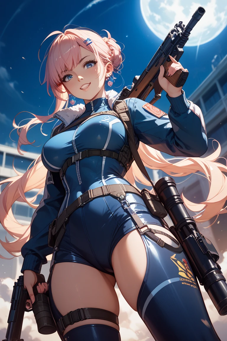 Solo,1 girl, mech, Science fiction, holding weapon, giantess, gts, building , Sitting on Building, Cityscape, (destruction:1.0), (Collapsed buildings:0.0), mechagirl girl,