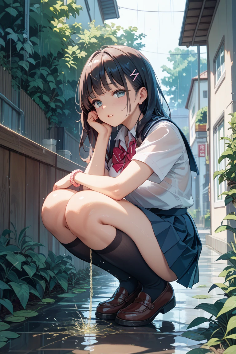 ((masterpiece, super detailed, fine detail, top quality, illustration)), blue sky, 20-year-old woman, beautiful woman, beautiful wet black hair, bob cut, beautiful red eyes, close-up, wet white shirt, tie, checked mini skirt, black socks, black shoes, a lot of hydrangea, rainbow visible, whole body, smile, looking up at the sky, squatting, pink underwear, nose,