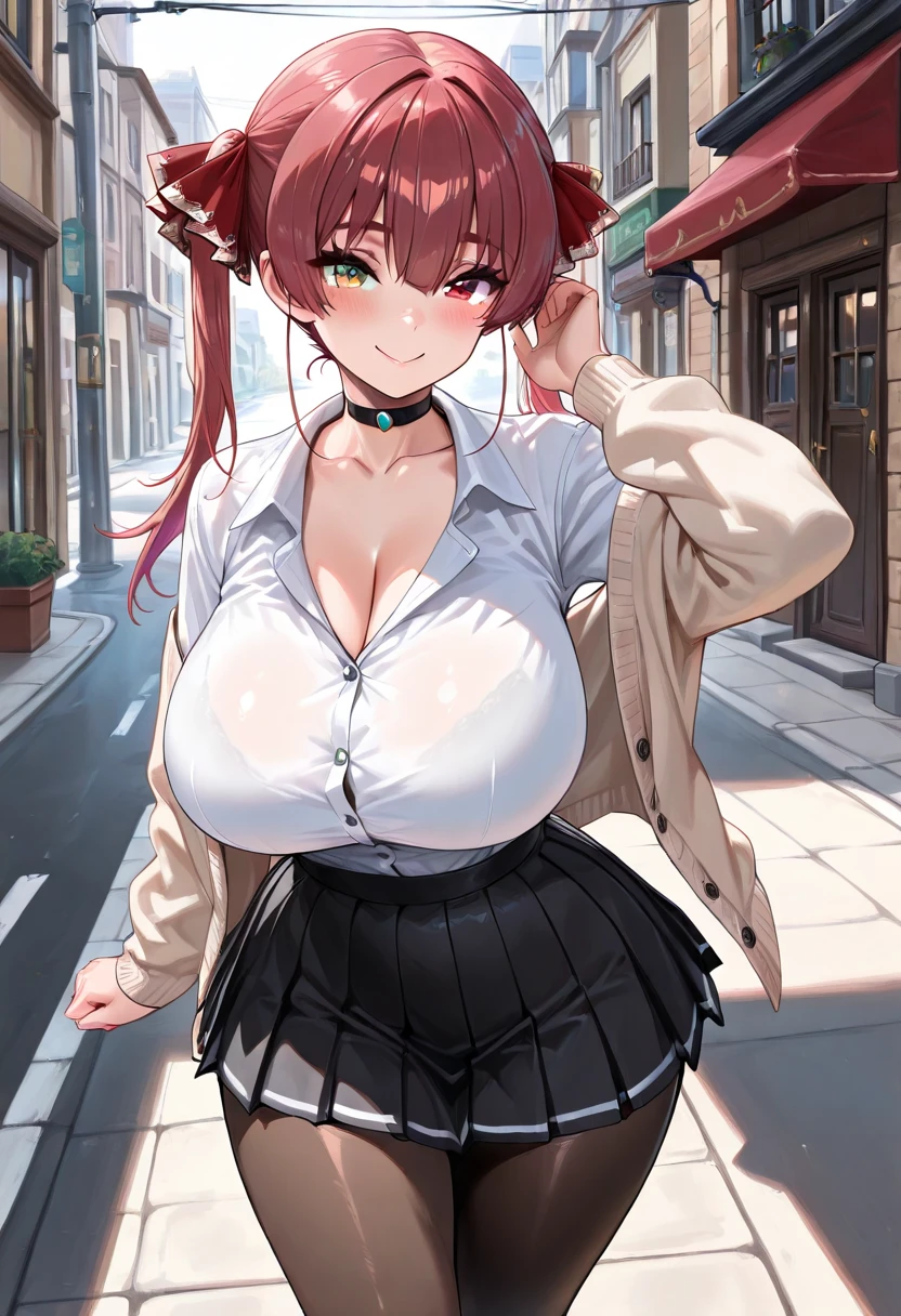 Masterpiece ,best quality , high resolution , ultra detail , colorful , soft light , (glowing eyes , ultra detail eyes , perfect face , ultra detailed hair and face) , (1 girl solo:1.38) , (sunglasses, eyeweard on head, purple hair , purple eyes , neck-ribbon) , (bare shoulder , sweater , denim microshort , bow , chocker , belt) , (standing:1.24) ,  (sagging Neckline, low cut) , armband, thigh strap ) , (arms behind back:1.3) ,  (cleavage:1.3) , (medium breast:1.3) ,  (outdoor , dark , night , city , lamp ,shop , road)  , ( full face blush , shy  ,open mouth ) , (face viewer , look at the viewer)