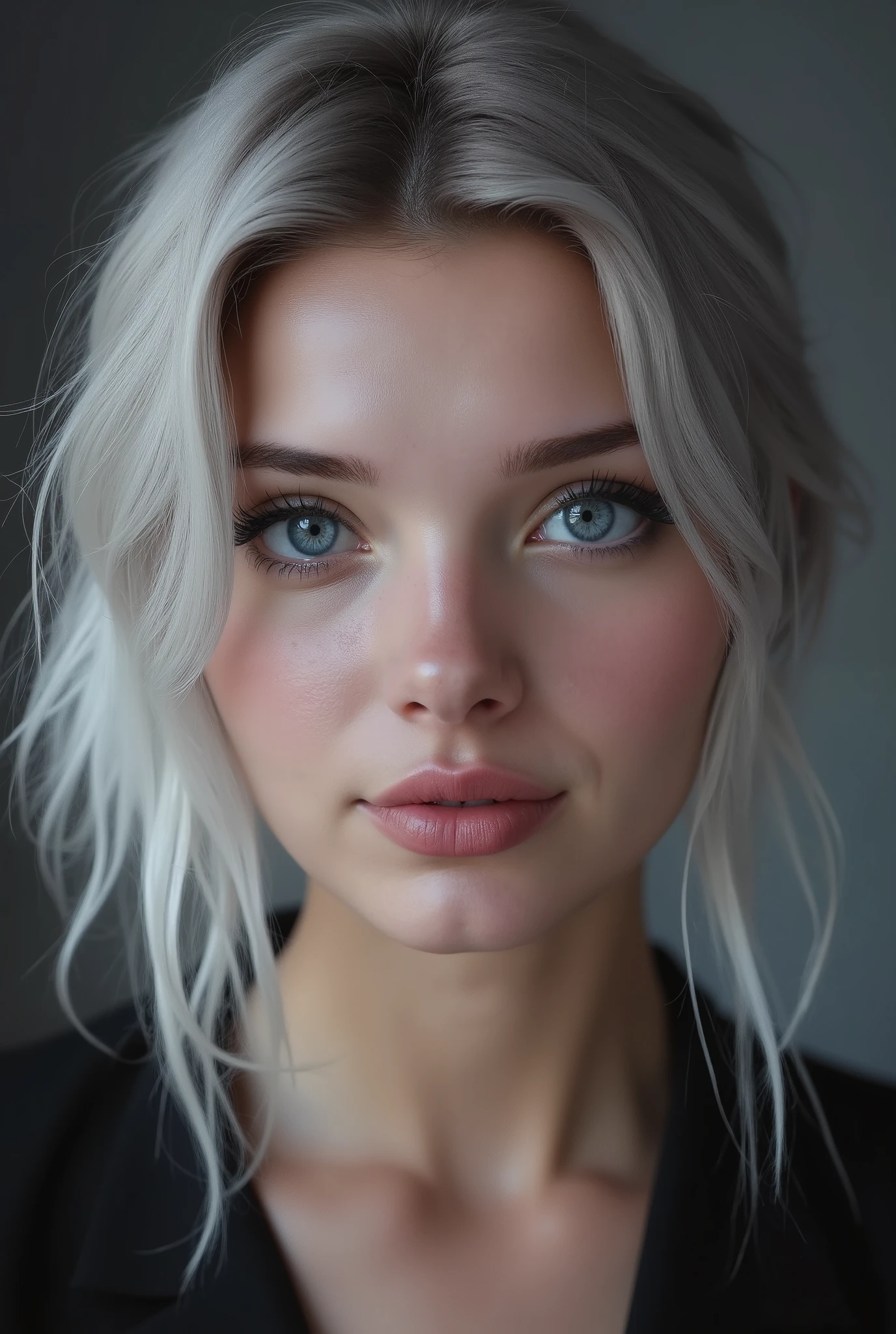 Portrait of a blond 28-year-old German woman（crystal clear skin， silver hair ），Beautiful （（（（ Photo Writing）， （（Grayscale：1.2）， （photography）， （best quality：1.5）， （modern style short hair and short hair），（light blue eyes）， textured skin， [super realistic]， front view， bust portrait， Soft Focus，  film grain ：1.2