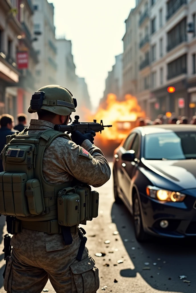 (Saudi Arabian special forces), urban war, gunfire and smoke, vivid natural details, extreme depiction, urban detail depiction,4 men, An Arab police car, full body, running action, gun, goggles, macadam, depth of field, Surrealism, Wide-Angle, Fujicolor, backlighting, 8K, UHD, highres, UHD, 8k, highres, ccurate