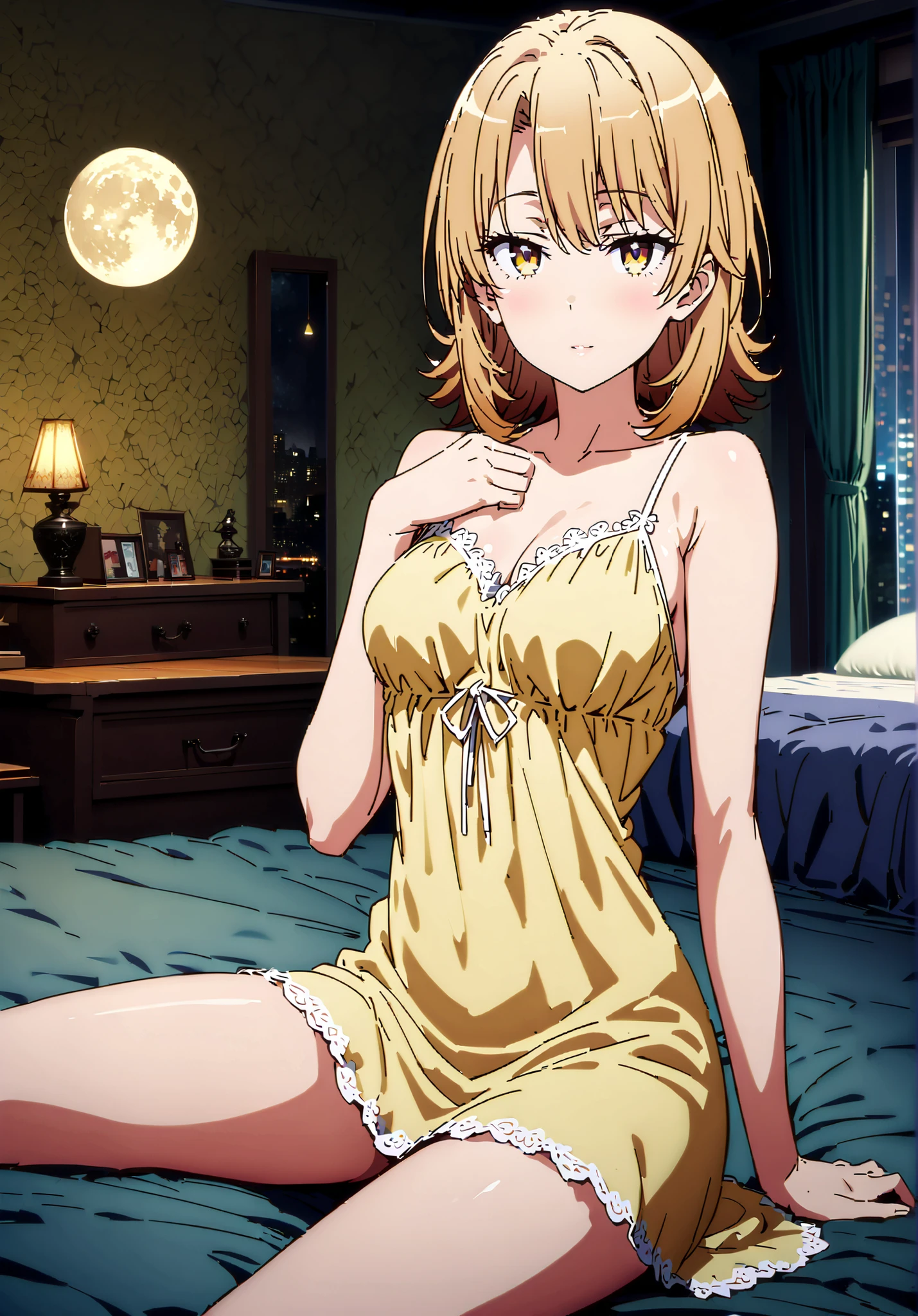 Irohaisshiki, Isshiki Iroha , short hair, BLACK ROCK , brown eyes,narrow your eyes,Medium breast,seductive smile,cover,,yellow sheer transparent nightgown that closes the mouth, sleeveless,yellow string bun , Bare legs,sitting on the bed,,decor,moon, mystical , A beautiful night view with depth, Beautiful Streetscapes,full bodyがillustrationsに入るように,break indoors, bed room,
break looking at viewer,full body,
break (masterpiece:1.2), Best Quality, high resolution, Unity 8K Wallpaper , (illustrations:0.8), (beautiful and detailed eyes:1.6), Highly detailed faces, perfect lighting, highly detailed CG, (perfect hand, Perfect Anatomy),