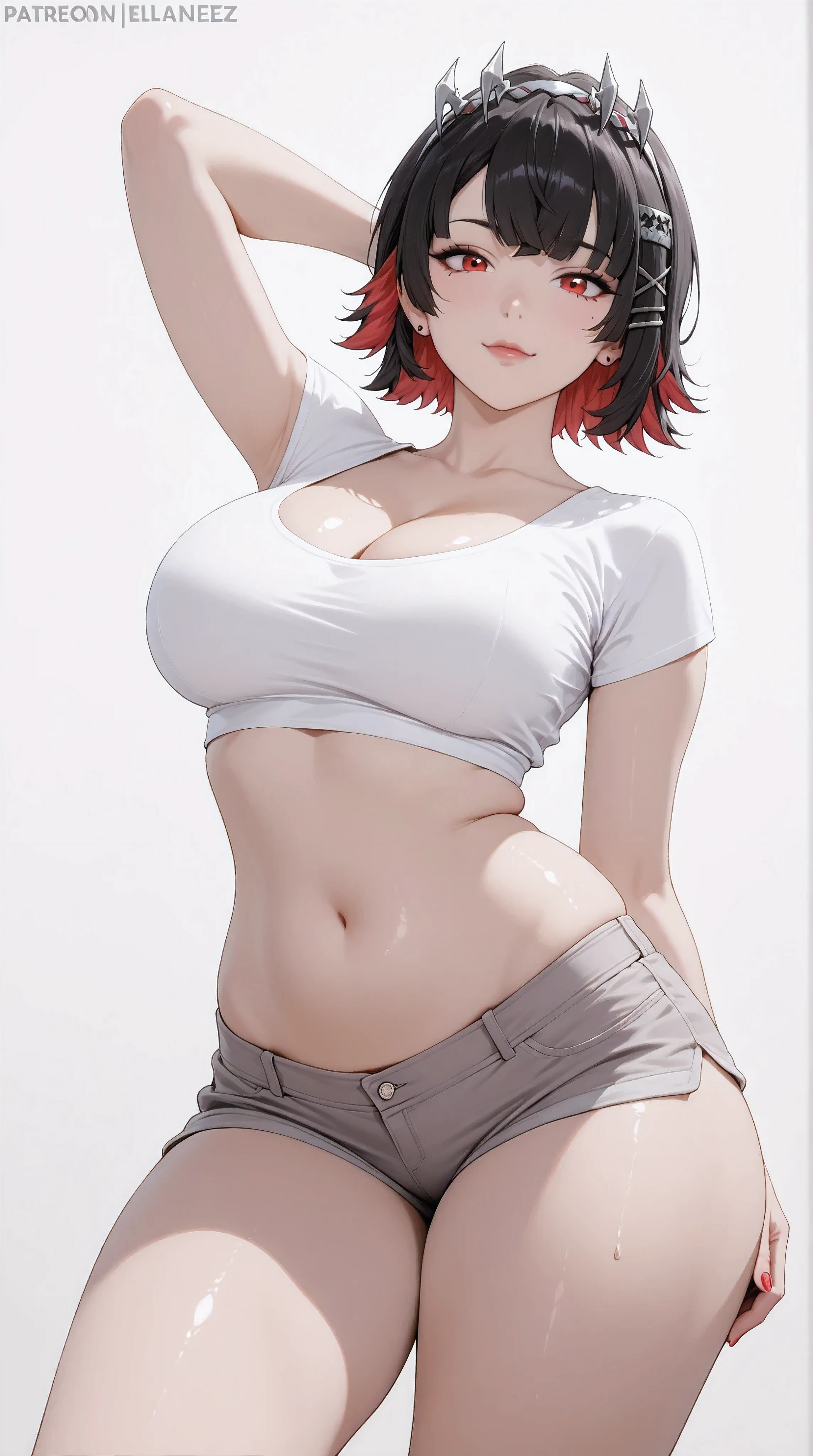 masterpiece, extremely detailed, perfect skin texture, 4k, solo, 1girl, adult,((fullbody)), stand up, ellen joe, sexy legs, perfect body, large breasts, white tshirt, grey shorts, housewife, soft light, high detailed, best quality, midriff, navel, navel line, belly, bare belly, sexy, hot girl, hot woman, big breasts, sexy girl, sexy woman, korean face, beautiful, thick thighs, thigh thighs, upper body, tshirt, crop top, beautiful girl, beautiful woman, hot pose, perfect hands, wide hips, expressive, looking at viewers, front look, sexy pose, photography, white plain background, white background, mature, cleavage, girlish face, red eyes, black hair, short hair, colored inner hair, hairclip, ellenJoeZzz, cowboy shot,((white plain background))