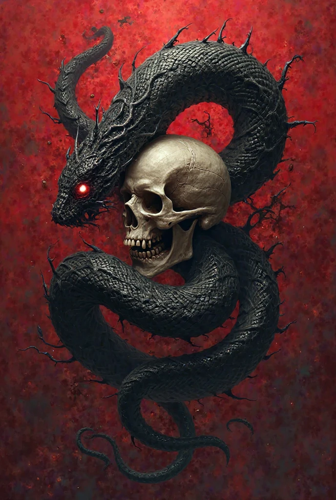 Skull with three horns on its head, a snake coiling around the skull on a flag