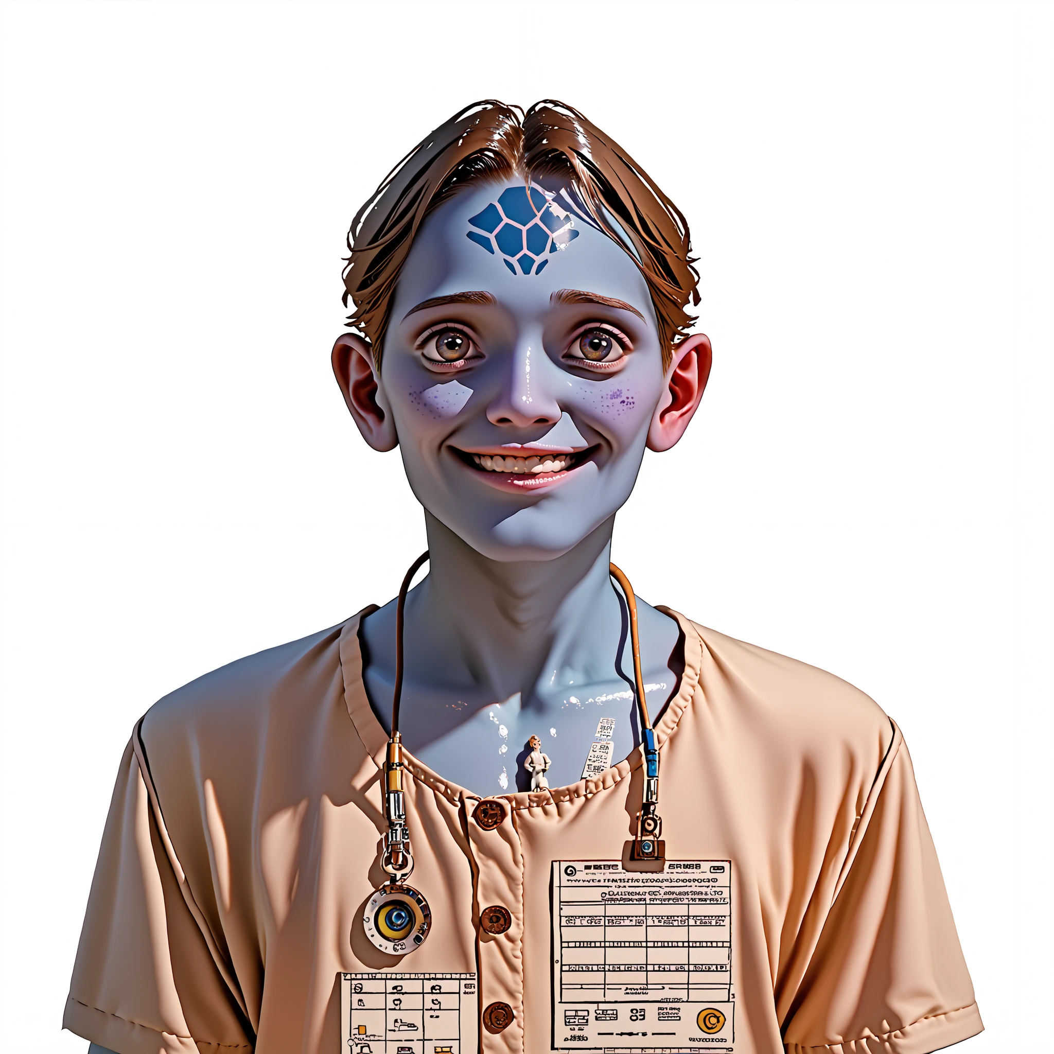 score_9, score_8_up, score_7_up, blue skinned male alien, skinny, young man, big smile, multiple metals on his chest.
student in the laboratory, He is in her laboratory in her space craft, working on a new teleport device. (Looking up at viewer) ((white background))