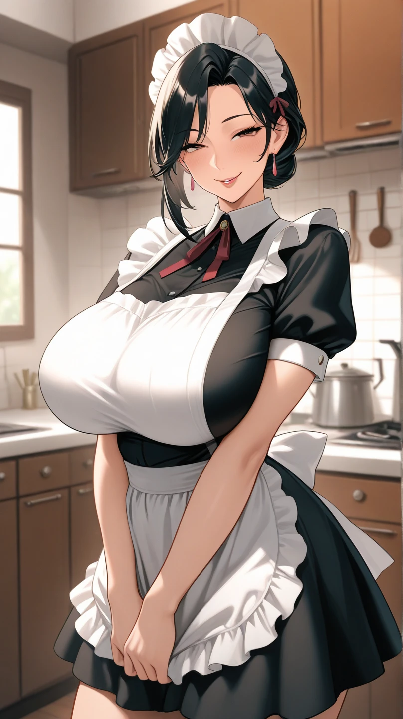 (Best Quality, Masterpiece),sexy mommy, Front cover of a women's cooking magazine, , naked, erotic, 18+, nsfw, 1girl, 30 years old, stunning, cute, smile, hourglass figure, Maid costume, beautiful food, text, diagrams, advertisements, magazine title, short black hair,black detailed sparkling eyes,One strand of hair hangs down over his forehead