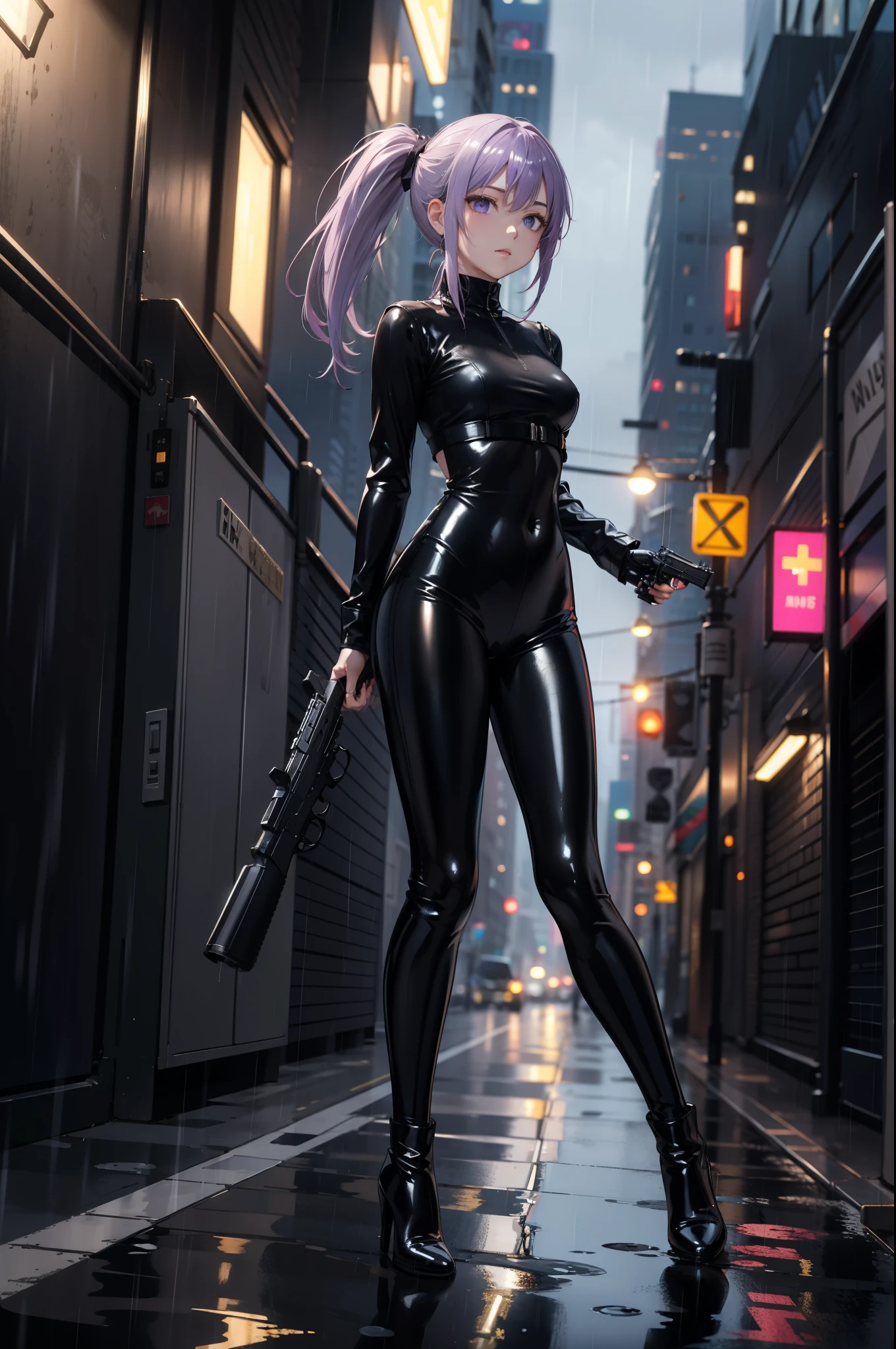 (Masterpiece, best quality, Detailed), a chic, Alone, walking, (Holds a gun with his hand), ojos Detaileds, purple eyes shirt, Lavender hair short ponytail, Love, , ((black latex )), (black gloves, ((shiny black leggings)), black boots, al aire libre, city, cyberpunk, (rain),  night, city lights, Neon lights, dark alley