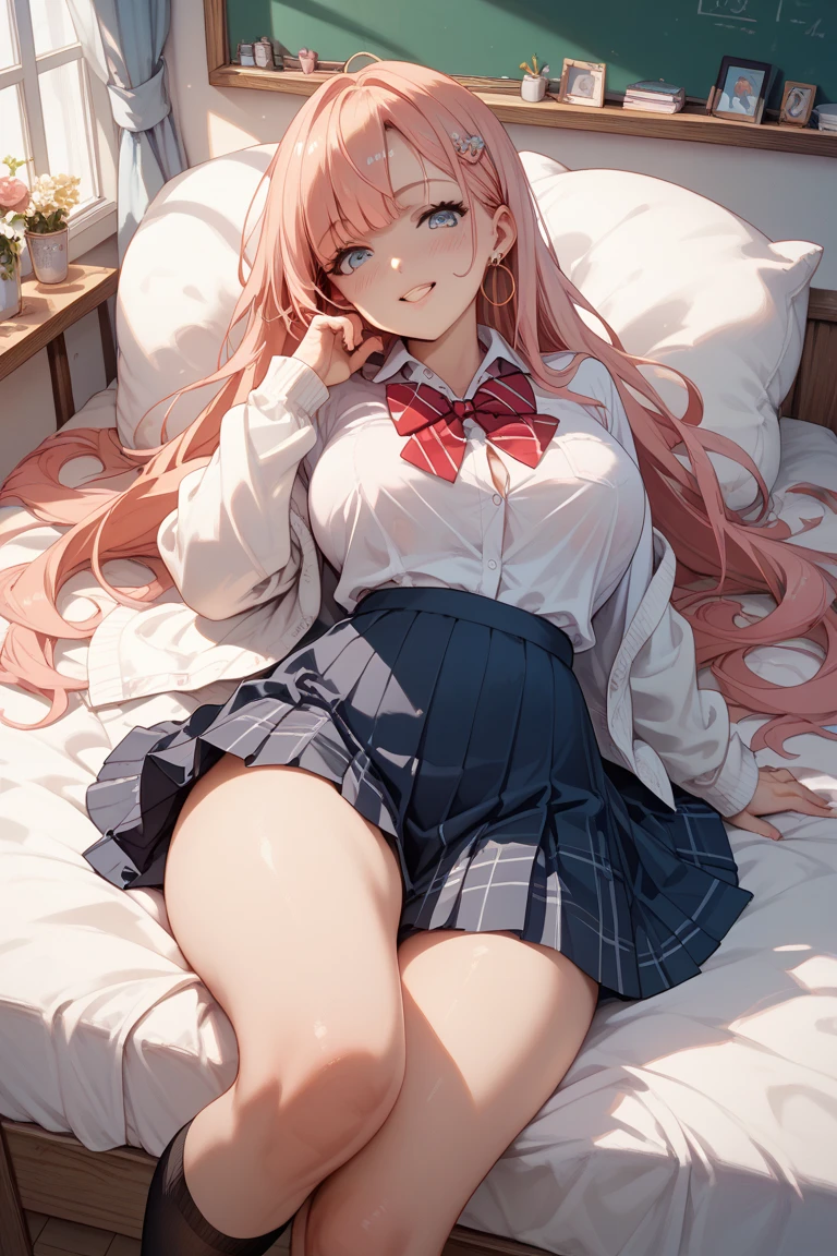 (highest quality()),1 18-year-old woman,female student uniform,short skirt,whole body,nsfw,lie down,tears,cry,Show your pants,pink hair, face,one eye closed,peeing,a painful face,twin tails,White Niso,looking at the camera,blush,semen